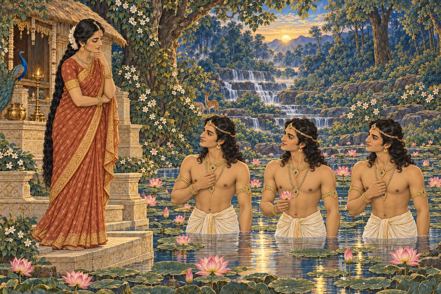 Sukanya in a terracotta sari considers three identical young men standing in a lotus pool after Chyavana's rejuvenation.