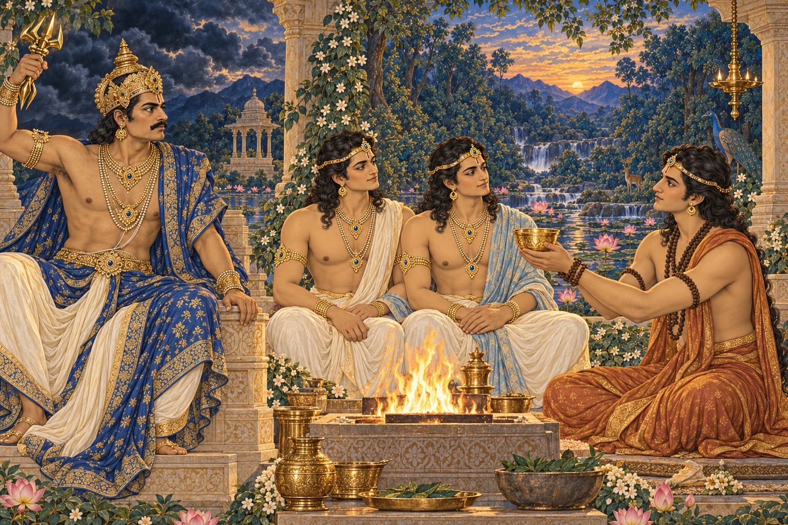 Youthful Chyavana offers Soma to the Ashwini twins while Indra faces them with his raised thunderbolt arm held still.
