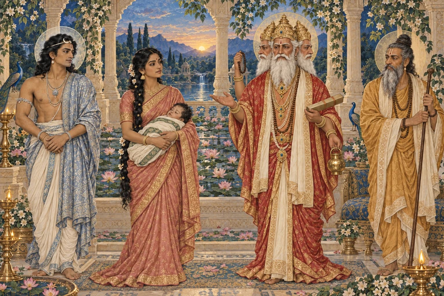 Brahma asks Tara about Budha's parentage as she holds the infant, with Chandra and Brihaspati listening.