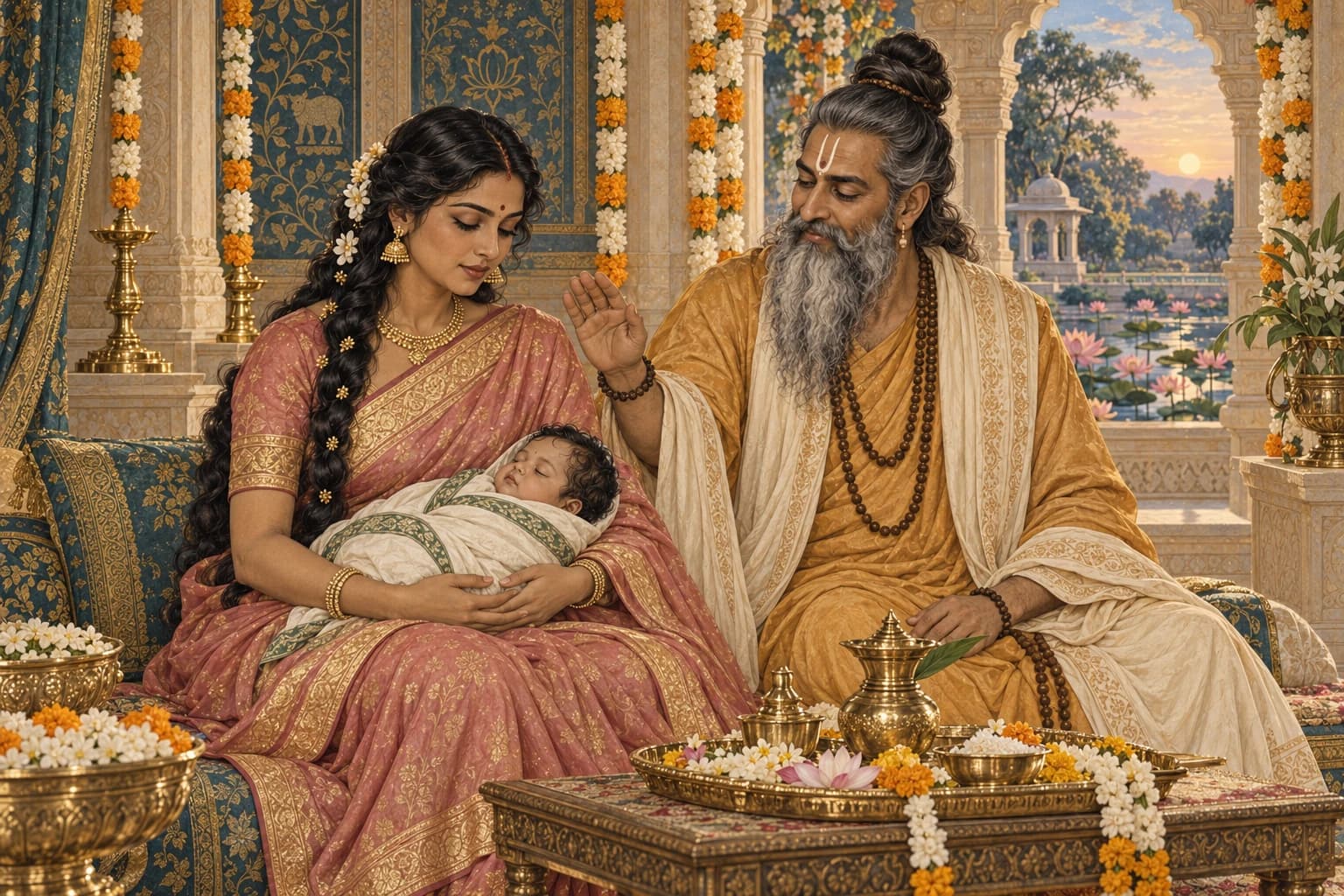 Brihaspati raises a hand in blessing during the newborn Budha's birth rites while Tara holds the child.