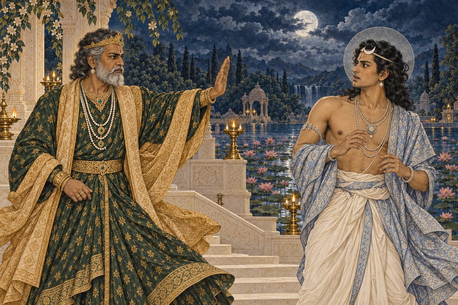 Daksha raises an open hand before Chandra as the Moon’s silver halo begins to dim.