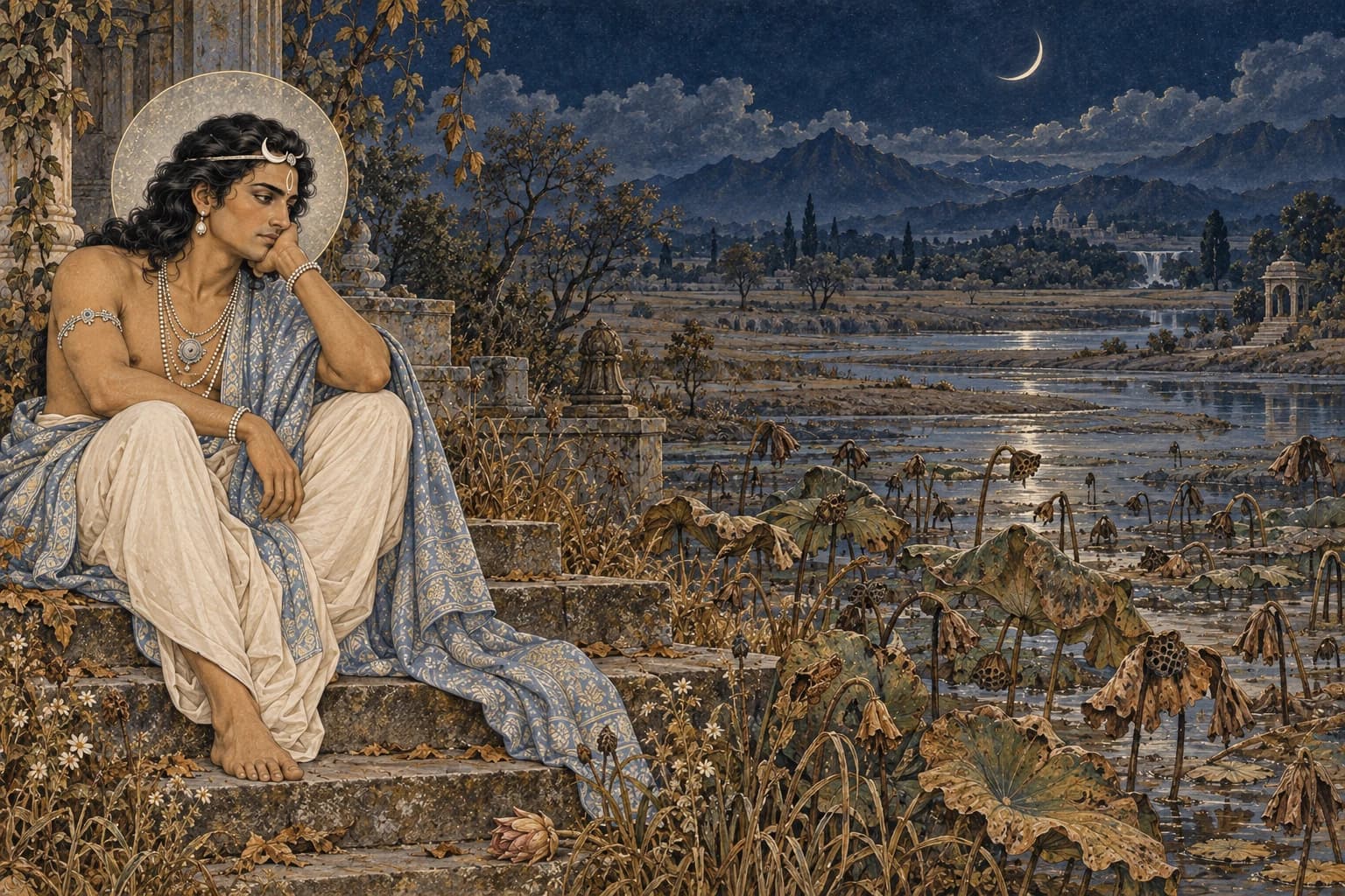 A weary Chandra sits beside a fading lotus pool beneath a thin crescent Moon.