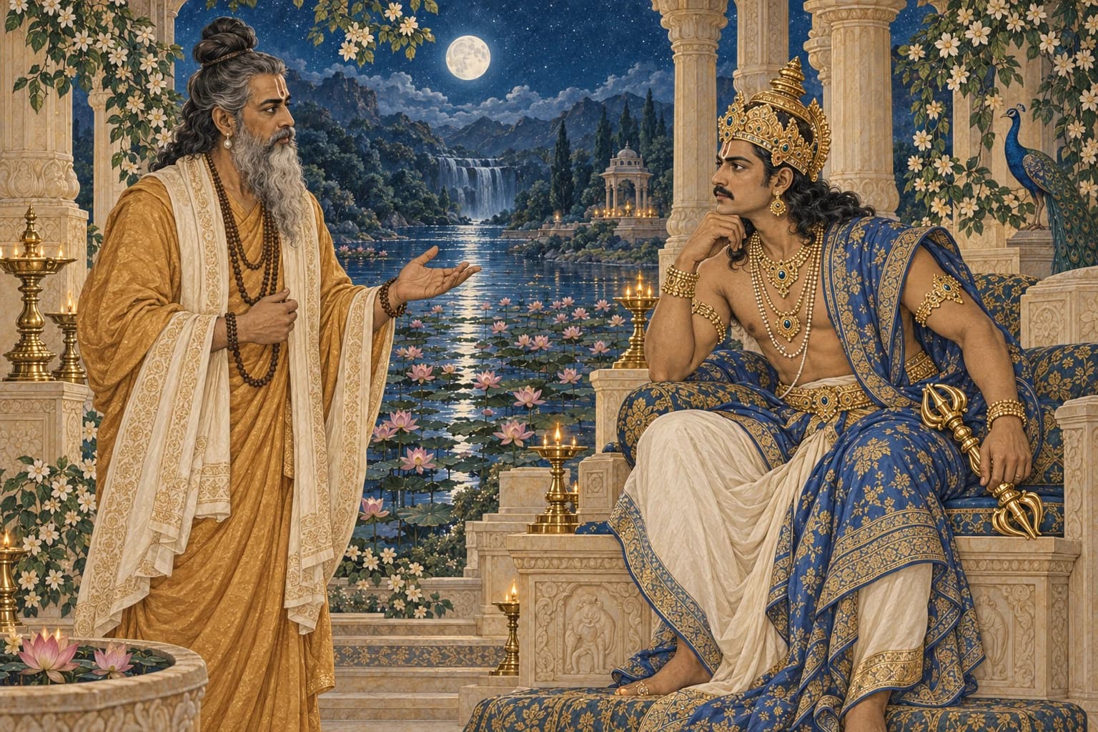 Brihaspati in ochre robes appeals to Indra, seated in blue and gold with his vajra beside him.