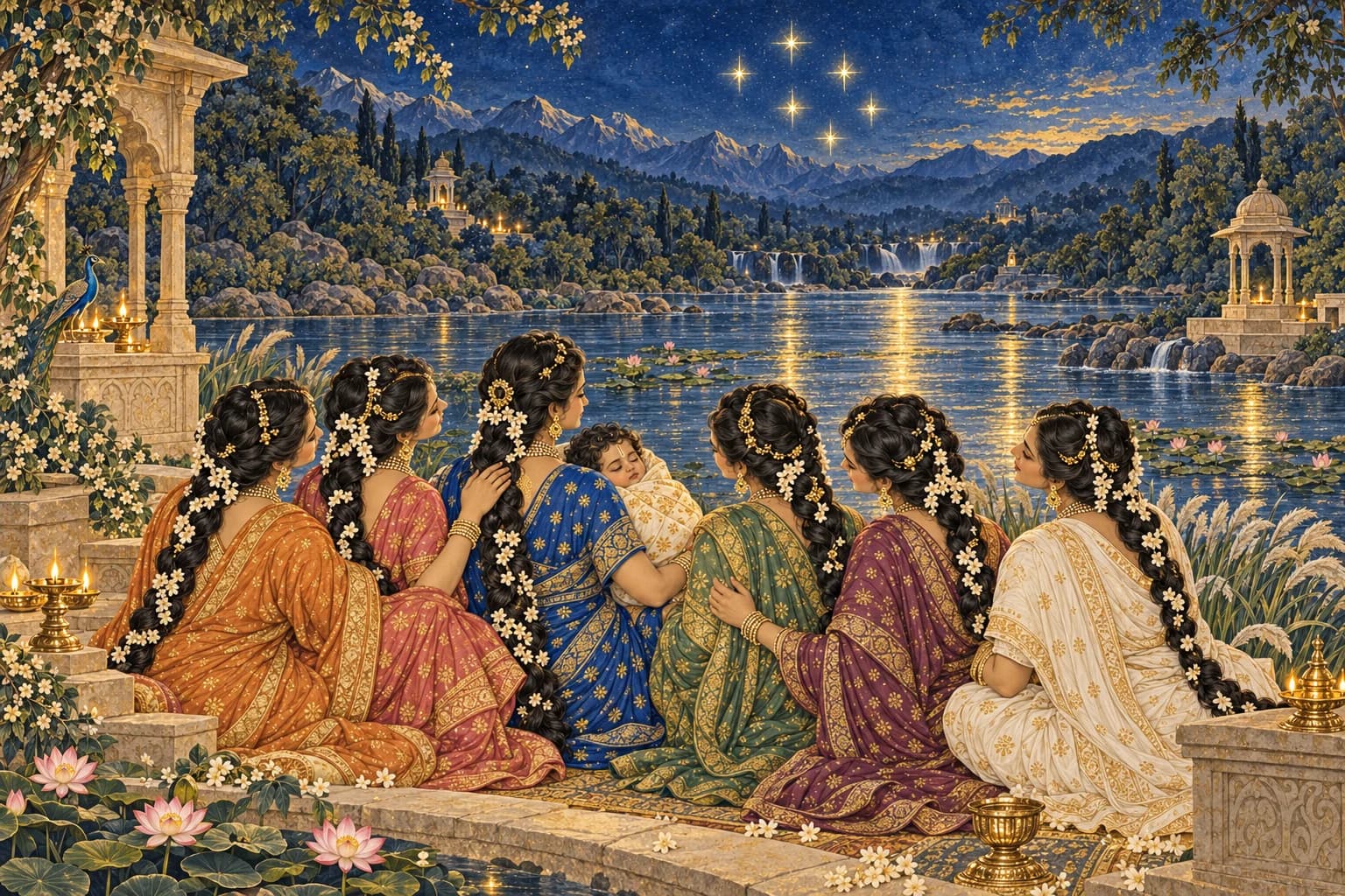 Six celestial mothers gather with the swaddled child beside a river beneath a decorative group of golden stars.