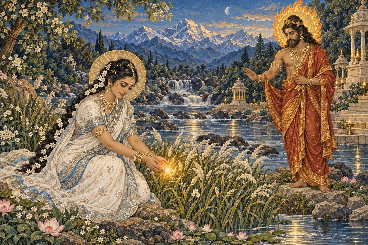 Ganga kneels beside a Himalayan river as a golden glow reaches the reeds, with Agni standing nearby.