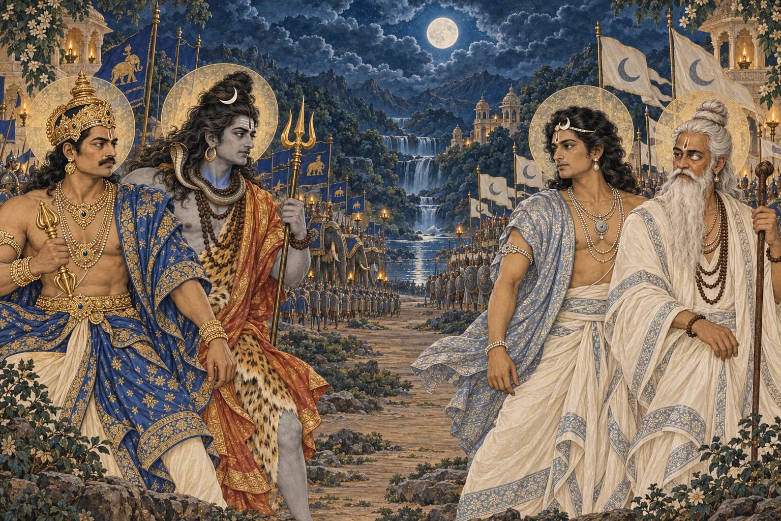 Indra and Shiva face Chandra and Shukra across a valley, with the opposing celestial armies behind them.