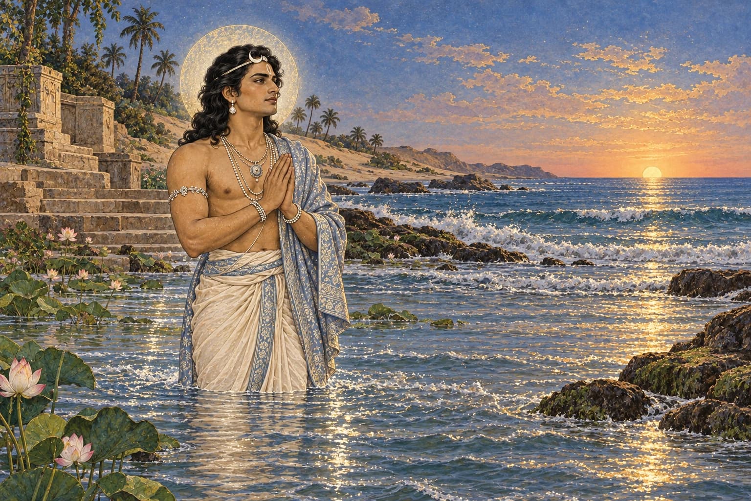Chandra stands in shallow coastal water at Prabhasa with his palms joined and his lunar glow returning.