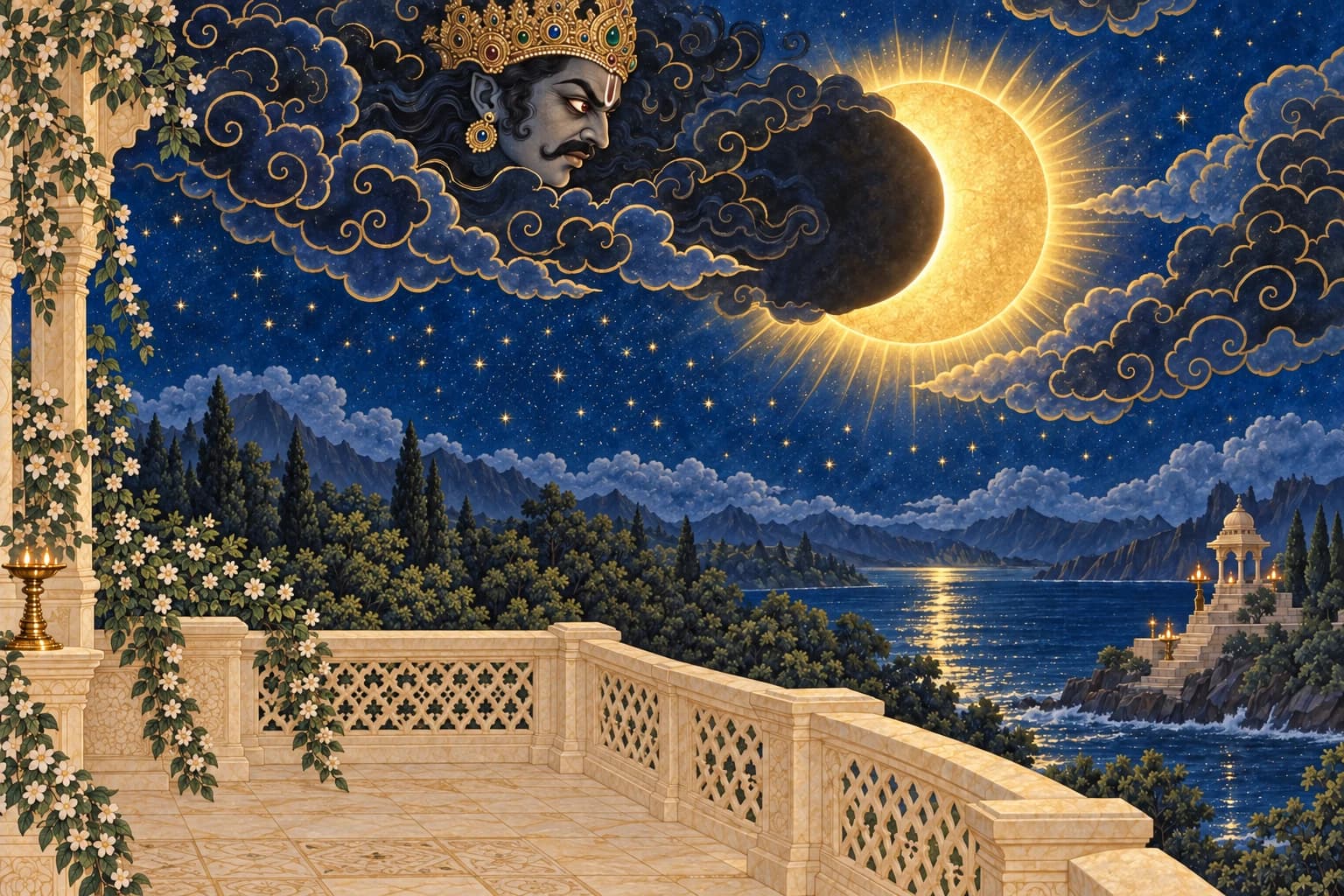 Rahu emerges from dark decorative clouds beside an obscured golden Sun above a coastal pavilion.