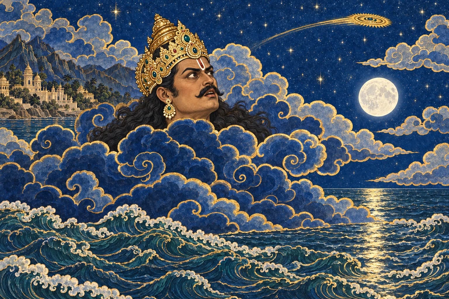 Rahu’s crowned head rises through indigo clouds above the sea in a symbolic, non-graphic painting.