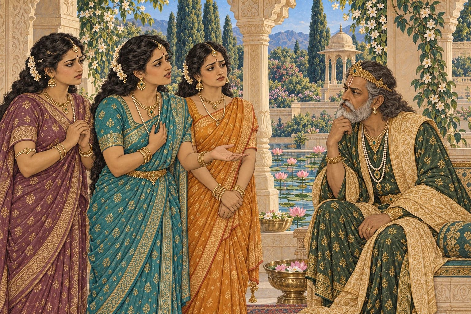 Three of Chandra’s neglected wives speak to their father Daksha in a sandstone garden court.