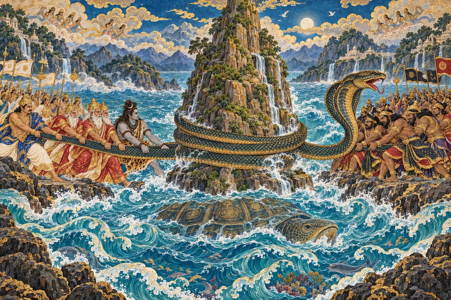 Devas and asuras pull opposite ends of Vasuki around Mount Mandara in a vast churning ocean.