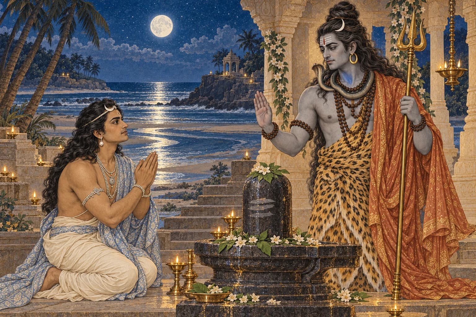 Chandra kneels beside an earthen Shiva linga as Shiva offers a blessing at the coast.