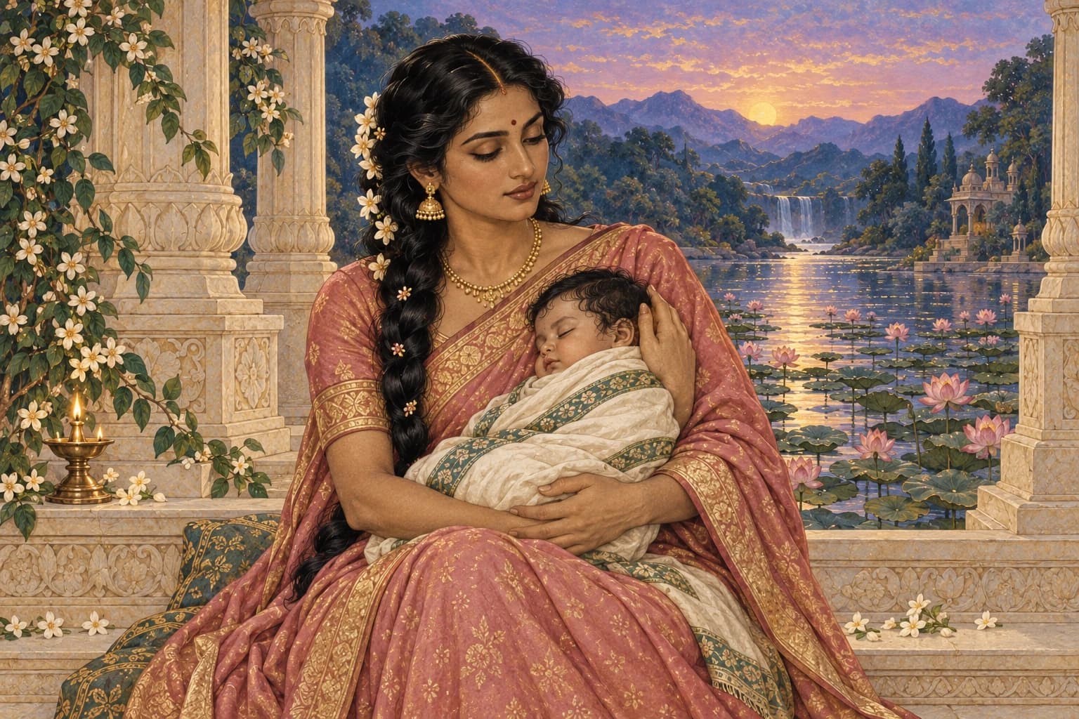 Tara in a rose sari holding the sleeping infant Budha beside a lotus river at dawn.