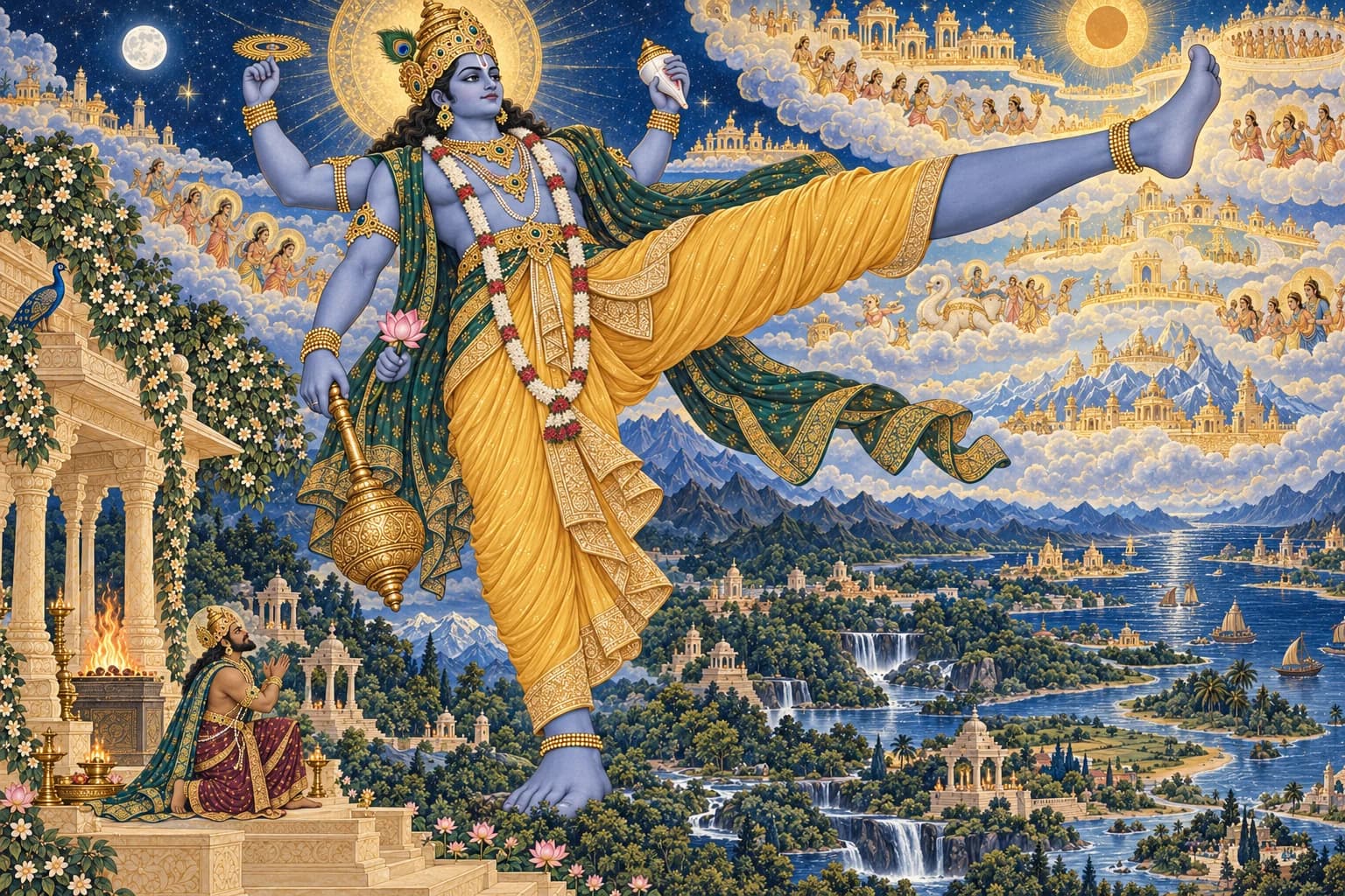 Vishnu in the towering Trivikrama form strides across a painted landscape and layered heavens while Bali looks up from below.