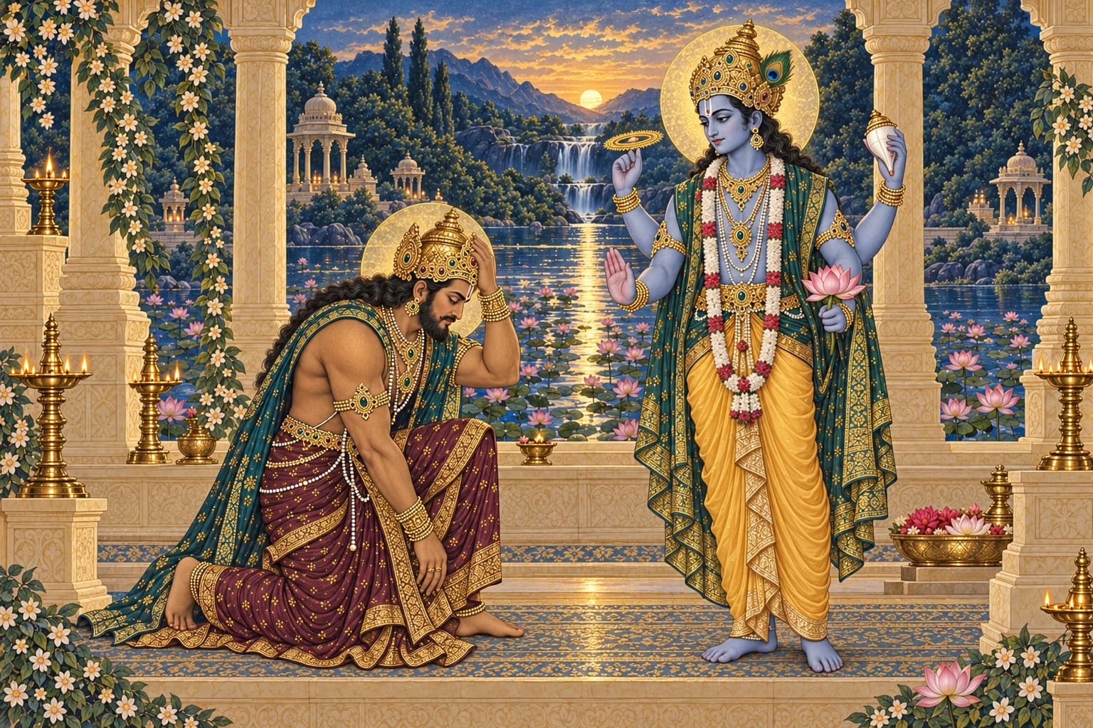 Bali bows and gestures toward his head before Vishnu, who faces him with an open blessing hand.