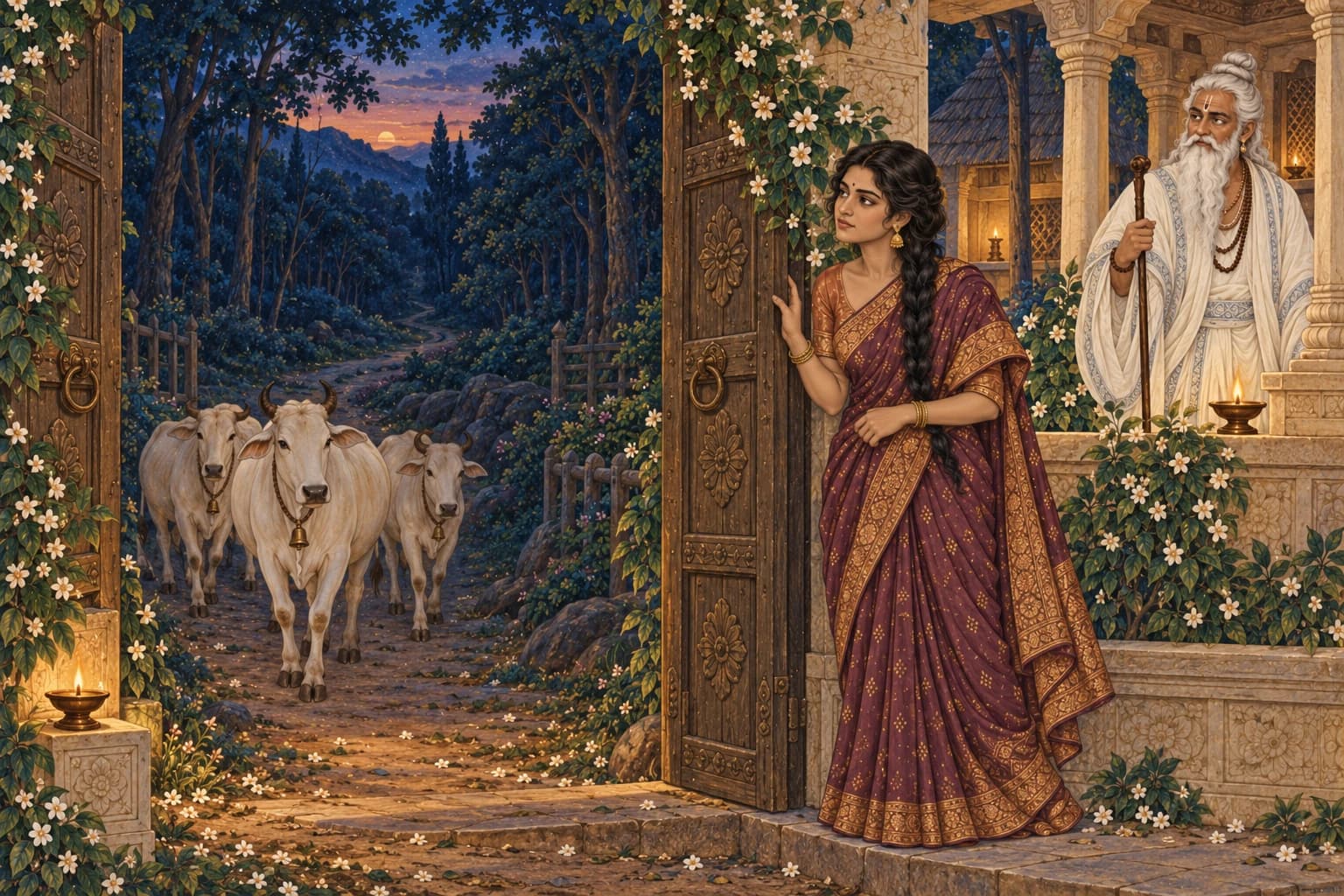 Devayani watches cattle return along an empty forest path at dusk, with Shukracharya behind her.