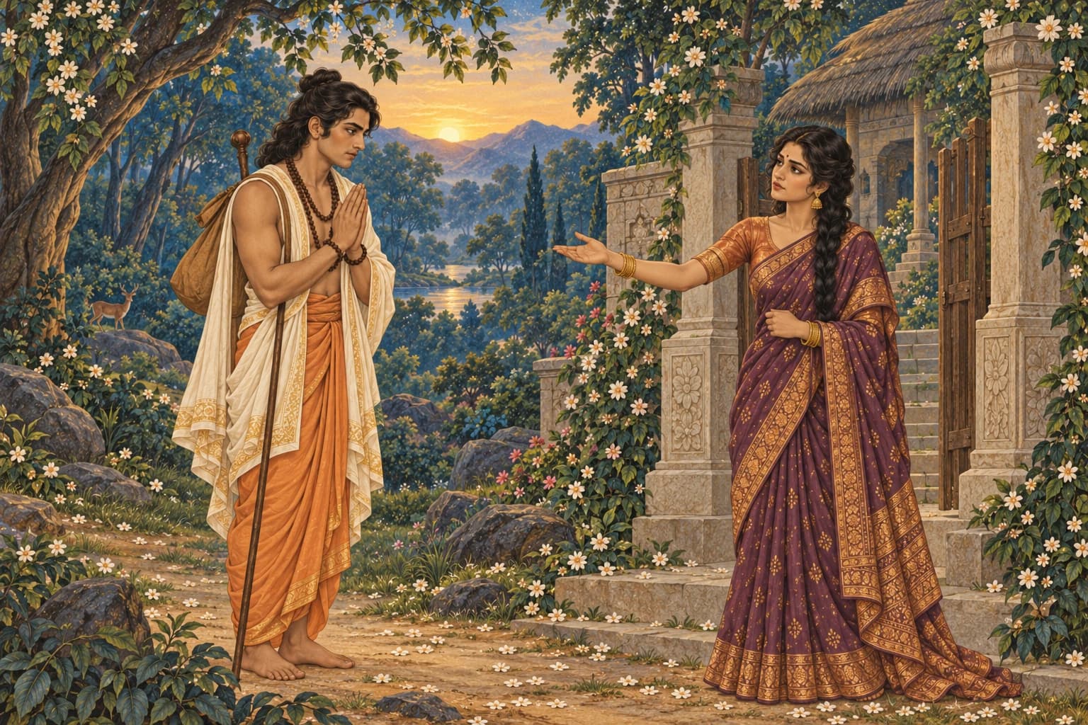 Kacha and Devayani face one another at the edge of the hermitage during a painful farewell.