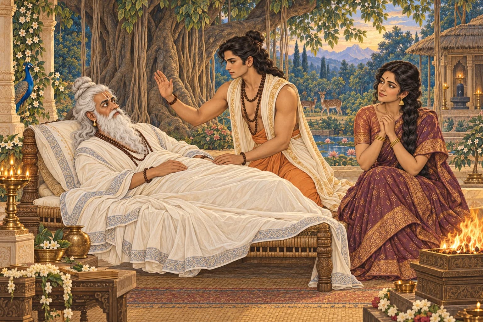Kacha invokes the knowledge he has learned as Shukracharya awakens on a covered resting bed, with Devayani beside them.