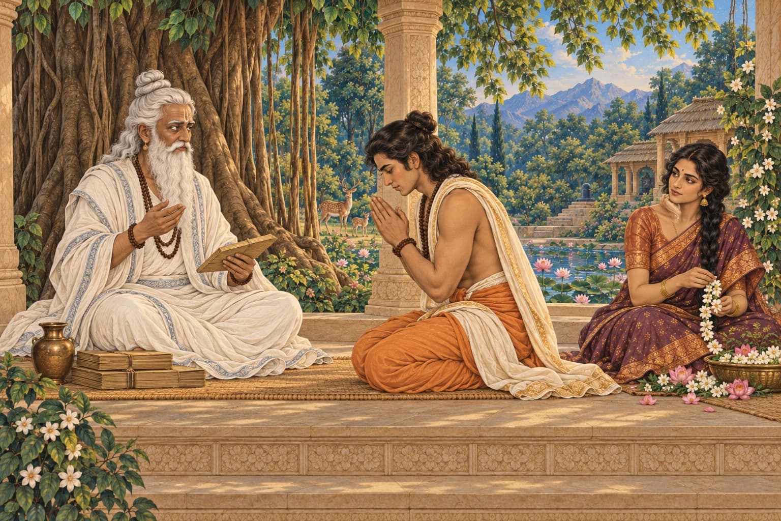 Kacha studies with the white-robed Shukracharya while Devayani sits nearby in the forest hermitage.