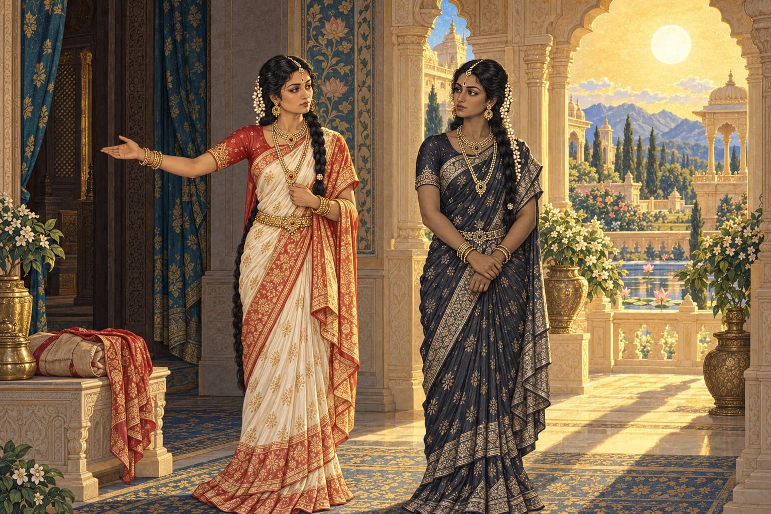 Sanjna in ivory and red speaks with her shadow counterpart Chhaya in a shaded palace veranda.