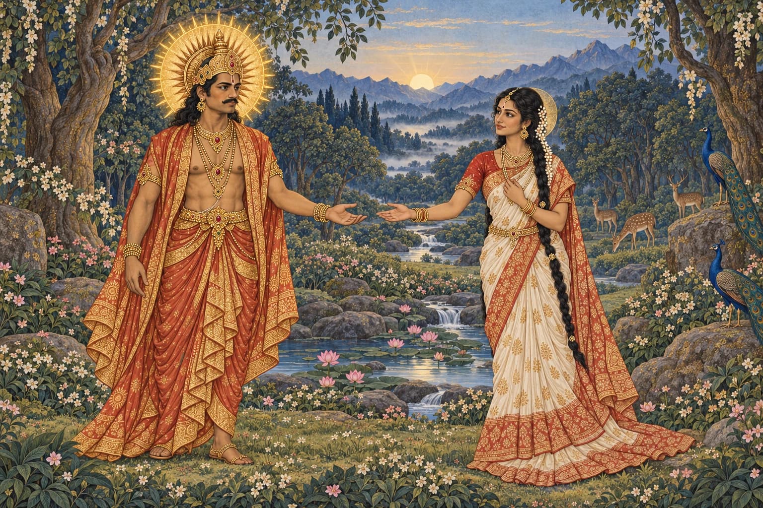 Surya and Sanjna meet in a forest clearing, his golden radiance now gentle.