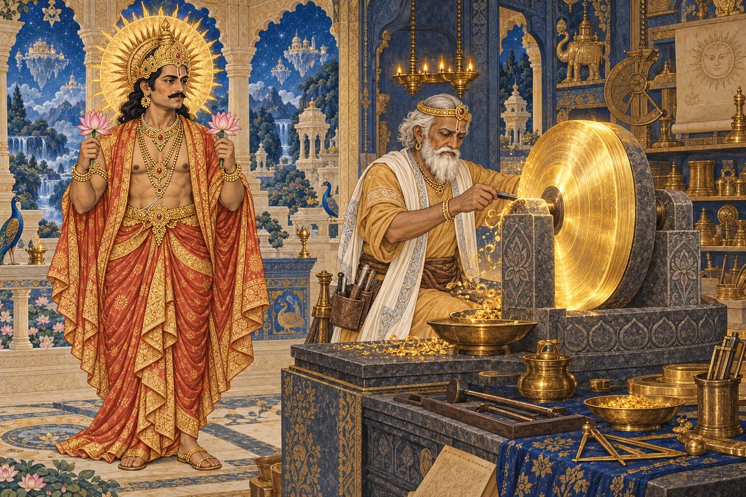 Vishvakarman works on a turning golden disc while Surya stands beside him, symbolising the reduction of excessive radiance.