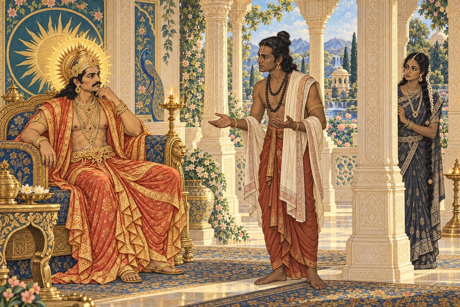 Yama speaks with Surya while Chhaya stands apart in the palace court.